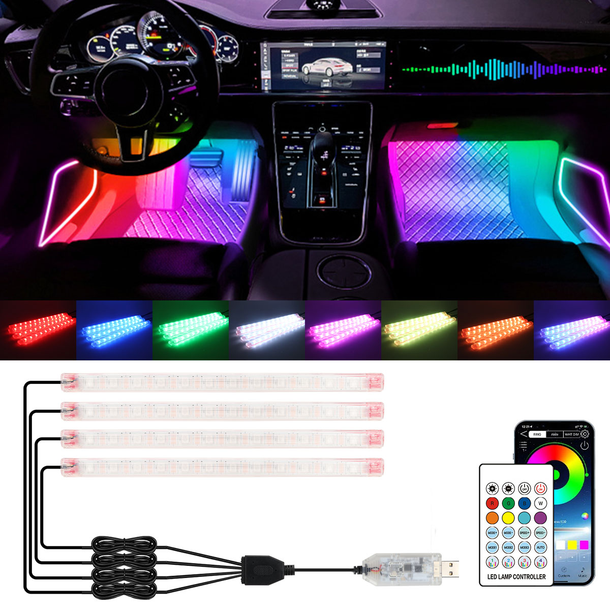 2/4in1 12/18 LED RGB Rainbow A - Led Ambient Interior Car Lights App Control recension och pris